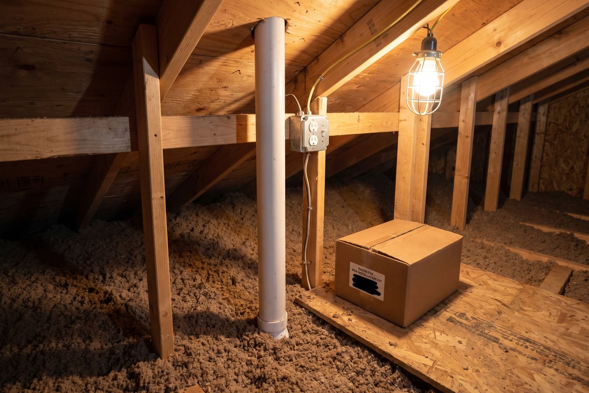 Passive radon pipe in an unfinished attic in Pennsylvania, rising through the insulation to the roof deck, with an electrical junction box and outlet on the beam beside it and a boxed fan waiting on a plywood board