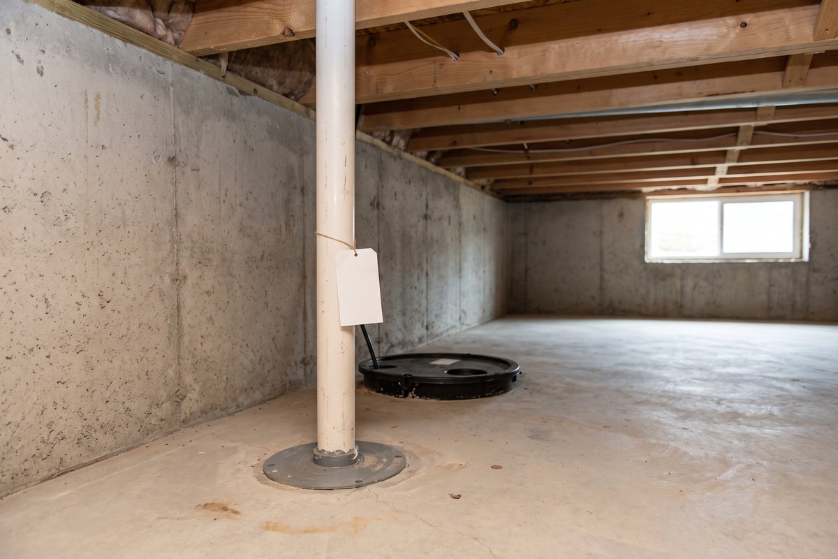 Passive radon system in York, PA: a white PVC radon vent pipe rising from a sealed collar in the concrete slab of an unfinished basement, with a blank tag on the pipe and a sump pit lid nearby