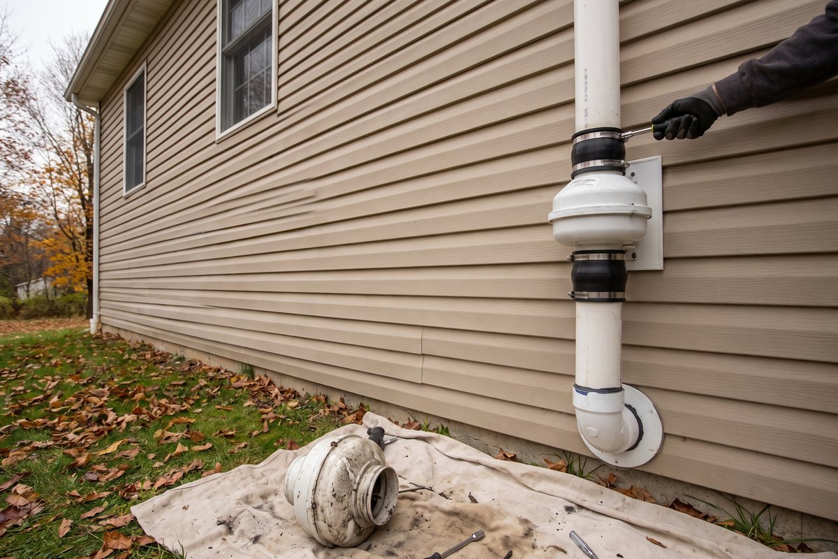Radon fan replacement in York, PA: a technician tightens the rubber coupling on a new white radon fan mounted vertically on the vent pipe outside a vinyl-sided house, with the old fan on a drop cloth below