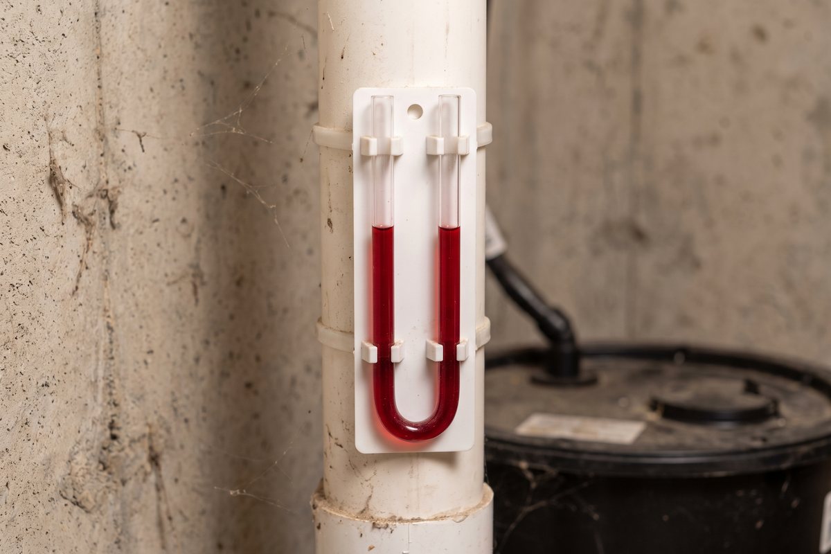 U-tube manometer on a radon vent pipe in a York County basement, with the red liquid level on both sides because the radon fan has stopped, and a sealed sump pit lid behind the pipe