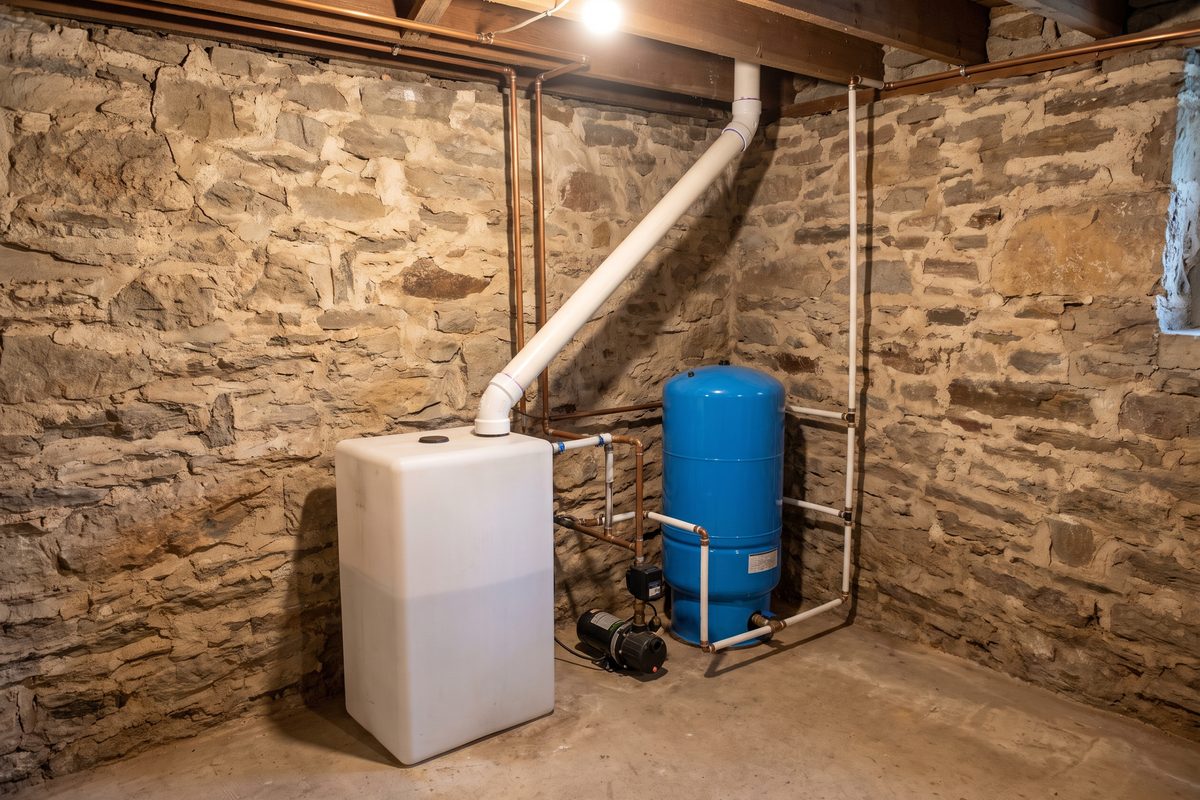 Radon in well water treatment in a Pennsylvania farmhouse basement: a white aeration tank beside a blue well pressure tank, with a PVC vent pipe running up the stone wall to the rim joist