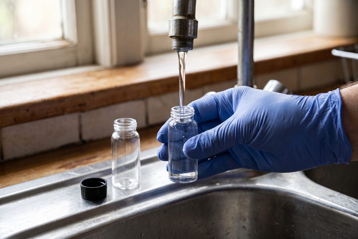 Collecting a well water sample for a radon test: a gloved hand fills a small glass vial from a kitchen faucet with the aerator removed, with a second vial and cap on the sink edge
