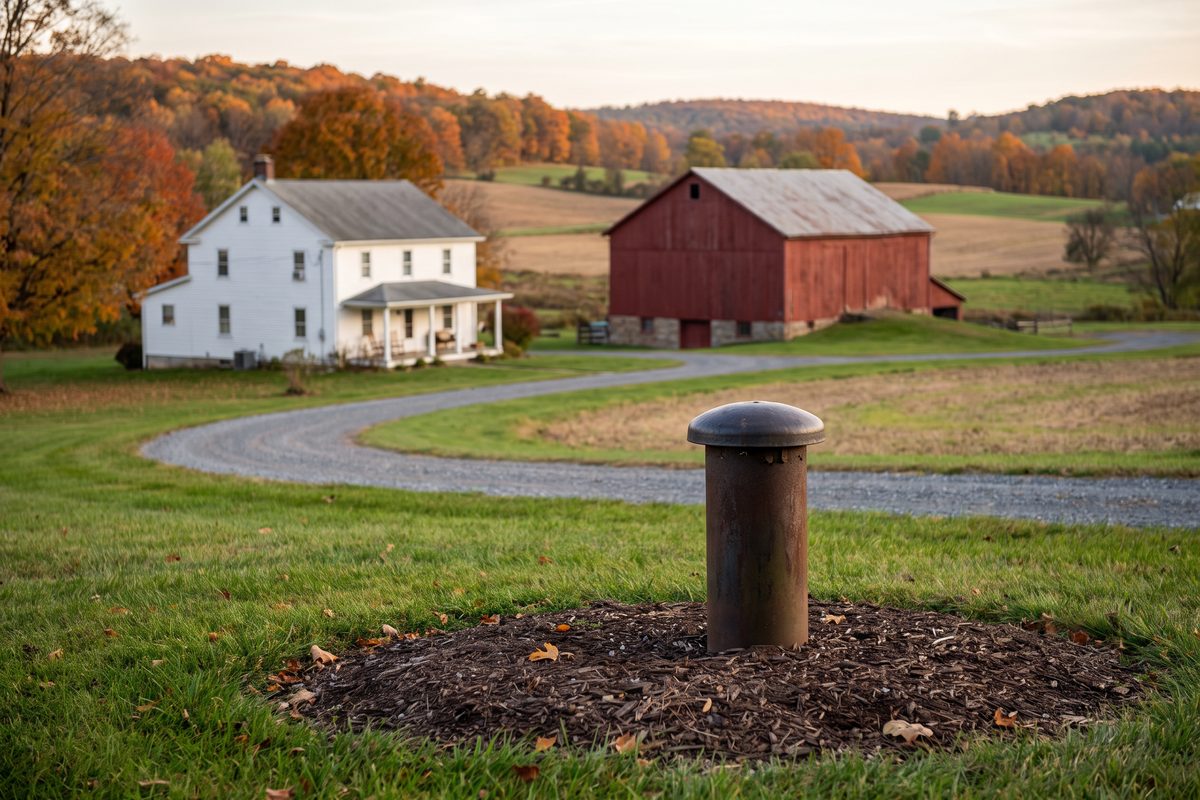 Radon in well water in York County, PA: a steel well casing with a domed cap in the lawn of a rural farmhouse, with a red barn, a gravel lane and autumn hills behind